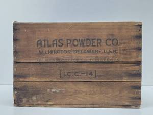 lot 374 image: Old Vintage ATLAS Powder Wooden Advertising Explosives Crate