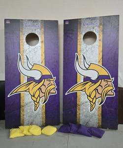 lot 351 image: Nice Heavy Duty MN VIKINGS Cornhole  Bags Set wBoards &amp Bags