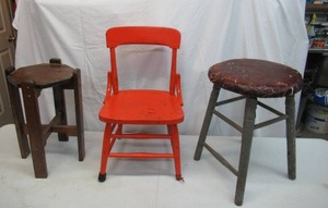 Lot of 3 Vintage small wood furniture pieces. Childs wood chair, Stool. and small table.