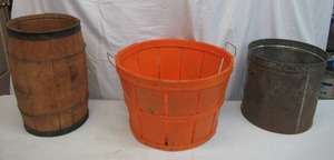 Vintage Basket Containers Wooden Nail Keg, Tin Can and a Bushel Basket