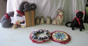 Lot of Vintage Handmade Cat Pillows & Plush Toys with Homemade Fabric Patchwork Crafts