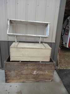 Lot of Antique Primitive Vintage Shipping Crate, Foot Locker, Wall Shelf