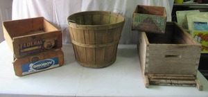 Lot of Various Vintage Primitive Wood Boxes & 1 Bushel Basket
