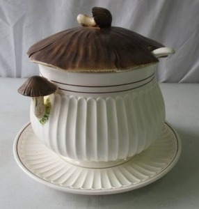 Vintage 1970s Sears Mushroom Soup Tureen Set with lid and underplate