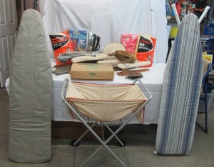 Lot of Vintage Ironing Boards, Pads &amp Covers, wood clothes pins, laundry cart and more.