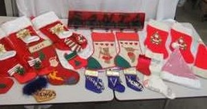 Christmas Lot New Stocking Holder, Various Christmas Stockings, MN Vikings Stockings and Santa Hats