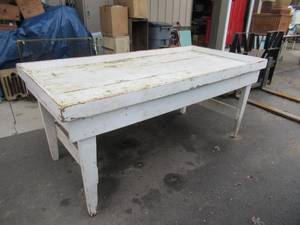 Vintage Antique Primitive Farm Harvest Table  Work Table  Garden Table in distressed painted finish.