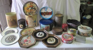 Lot of Vintage Tin ware Tin Cans, Tin Wall Art, Tin Garbage Cans, Trays, 1 decorative box with lid