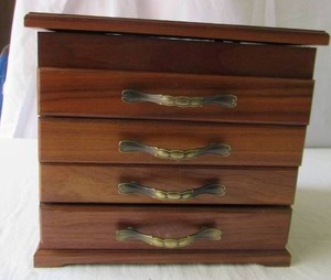 Vintage wood 4 Drawer Jewelry Box with decorative metal Drawer Pulls