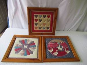 Lot of 3 Vintage wood Framed Folk Art Patchwork Designs, Heart Motifs, Wall Hangings.