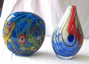 2 - Handblown Colorful Art Glass Vases.&nbsp; Beautiful.