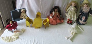 Lot of Vintage Dolls ( 2 are musical) Doll clothing and Doll furniture