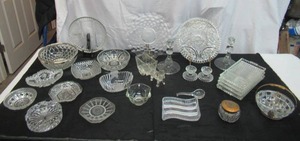 Lot of Vintage fancy Clear Glass Pieces Trays, Relish Dishes, Bowls, Candle Holders, Luncheon Plates, Ashtray
