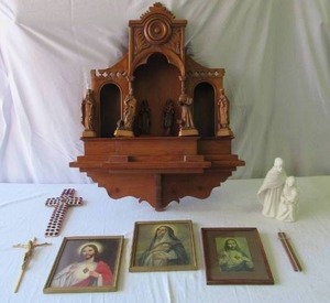Lot of Vintage Religious Items: wood Altar, 6 hand carved Saint Figurines, Framed Prints, Holy Family statue,2 Crosses and a 1 Crucifix