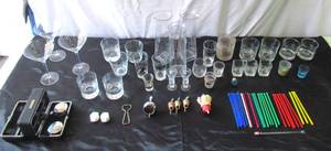 Lot of Vintage Barware Martini Glasses, Shot Glasses, Cocktail Mixer Glasses, Advertising Swizzle Sticks