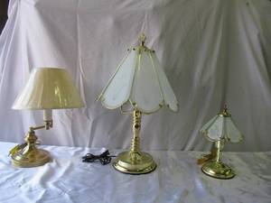 Lot of Vintage 3 1970s -1980s Table Top Lamps Polished Gold Tone & Glass
