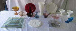 Lot of Vintage Decorative Colored Glassware, Milk Glass, Colored Art Pieces, Vases, Plates, Candle Holders and more