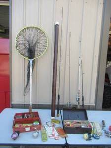 Vintage Lot of Fishing Items Rods, Tackle, Tackle Boxes, Fishing Net, Rod Holder case, Fishing Reels and more