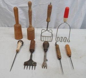 Antique Vintage Kitchen Gadgets including wooden tools Potato masher, Primitive pounder, Ice Pic and Chippers