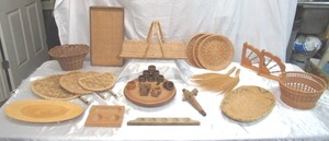 Lot of Vintage Wicker & Wood Household Items Baskets, Lazy Susan, wooden Antique Spigot, and more
