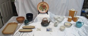 Lot of Vintage Ceramic Decorative Items Painted Plate, Teapot, Coffee pot w Sugar &amp Creamer, Ashtrays, Creamers and more