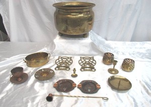 Lot of Brass tone Items Large pot, Cup & Saucer, Trivets, Candle holders & Snuffer and more