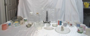 Lot of Vintage Glassware Decanter, Large Plate, Small Dishes, Coffee Mugs