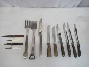 Vintage Lot of Utensils Knives BBQ Utensils, Vernco Set some with wood handles