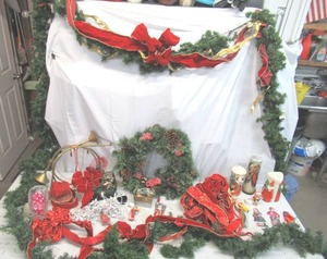 Lot of Christmas Decor Wreath, Garland, Velvet Ribbon, Bows, French Horns