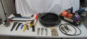 Lot of Automotive Oil Dispenser, Pans, Fan Belts, Ice Scrapers