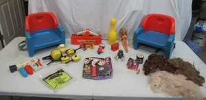 Lot of Vintage Toys Fisher Price Chairs, Barbie Doll, Halloween Makeup, Wigs, Childs Metal Dish set and more