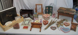 Lot of Vintage Home Decor Stool, Shelf, Picture Frames, Photo Album, Decorative Boxes and more