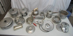 Lot of Vintage Aluminum Kitchen Bakeware Pots & Pans Tea Pot Double Boiler Hand Cranked Strainer Food Mill wood red handle