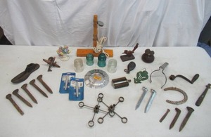 Lot of Vintage Tools Railroad Spikes, Glass Insulators, Door stops, Horse shoe, and more