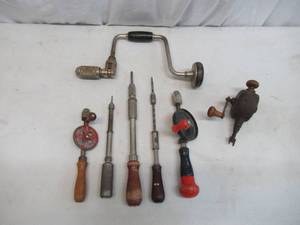 Lot of manual hand Tools: Hand Drills, Brace Drills, Egg Beaters, 1 Stanley Bit Brace