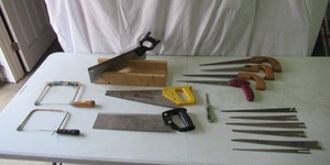 Lot of Vintage Hand Saws, Miter box, Coping Saws & various blades.