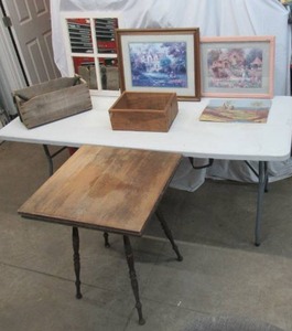 Lot of Various Farmed Art, Window Pane Mirror, 2 vintage wood boxes, 24 square Vintage Side Table