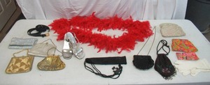 Lot of Vintage Womans Accessories, Feather Boa, Various hand bagspurses, 1920s style dress shoes, belts and more