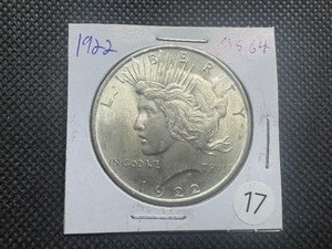 lot 17 image: 1922 Peace Silver Dollar Marked MS64 When Purchased