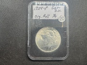 lot 20 image: 1924 Peace Silver Dollar Marked Gem BU Original Roll When Purchased