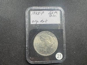 lot 21 image: 1925 Peace Silver Dollar Marked Gem BU Original Roll When Purchased