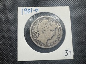 lot 31 image: Better Date 1901-O Silver Barber Half Dollar (Greybook Wholesale price for a G4 is $41)
