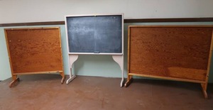 lot 17 image: 1 VINTAGE CHALK BOARD AND 2 MOBILE BULLETIN BOARDS
