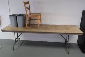 lot 38 image: FOLDING TABLE, WOODEN CHAIR, AND 2 TRASH BINS