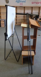 lot 47 image: 1 WOODEN PODIUM, 1 PODIUM TABLE, A WHITE BOARD, WOODEN STEPS, 2 MIC STANDS