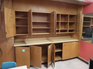 lot 51 image: 3 DESKS, 3 CHAIRS, 2 FILE CABINETS, 2 SHELVES
