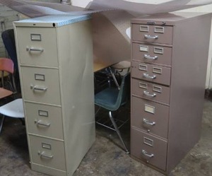lot 63 image: 2 FILING CABINETS, 5 DESKS, 12 CHAIRS