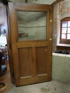 lot 64 image: OVERSIZED ANTIQUE WOODEN DOOR WITH GLASS WINDOW