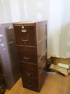 lot 87 image: ANTIQUE WOODEN FILING CABINET  WOODEN ROLLING TABLE