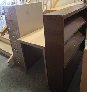 lot 170 image: 3 TIER MAGAZINE RACK, TABLE , AND FILE CABINET